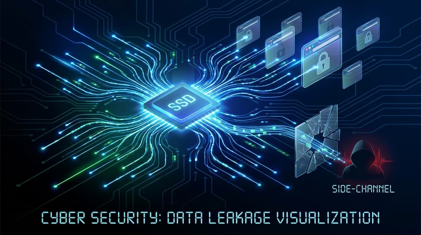 Abstract visualization of a side-channel attack where data signals emanate from an SSD chip towards browser icons, representing the FROST attack.