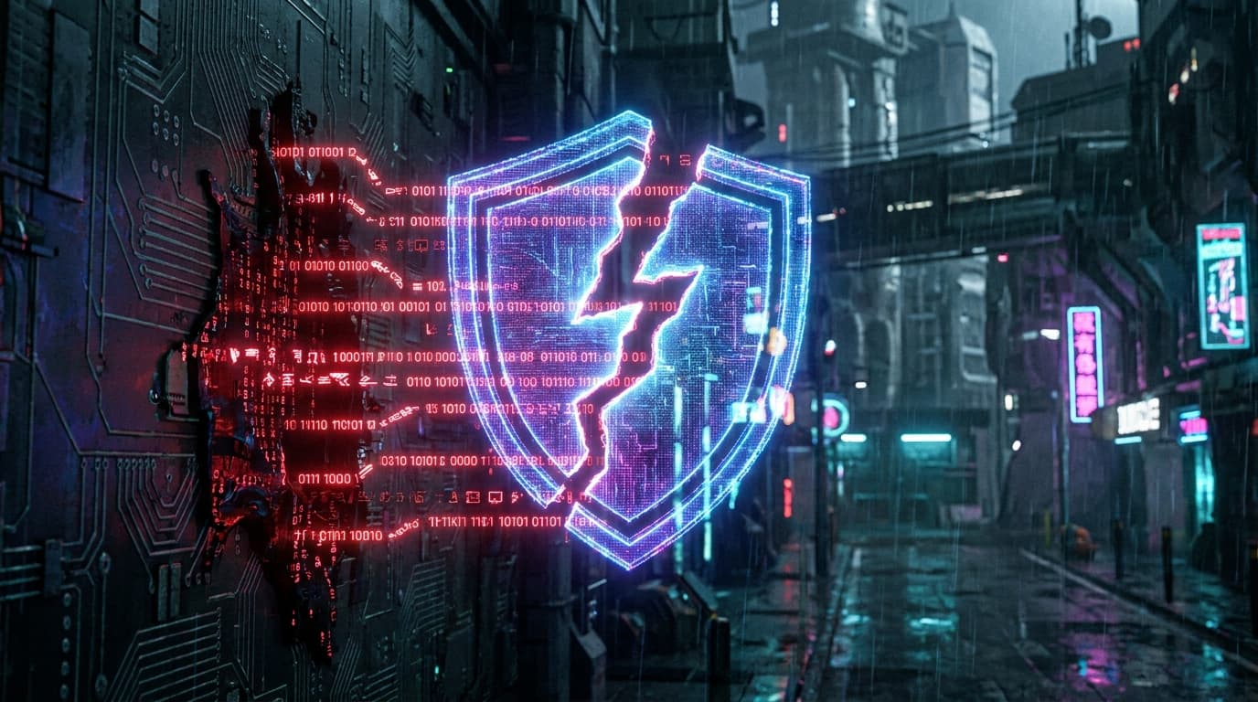 A cracked digital security shield symbolizing the exploited FortiClient EMS vulnerability.