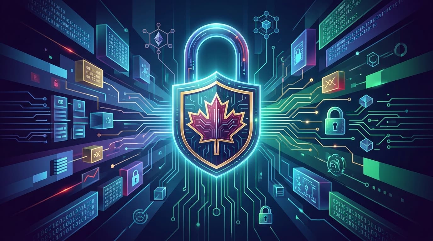 A digital shield with a Canadian maple leaf, symbolizing the protection of data and encryption under new legislative amendments in Canada.