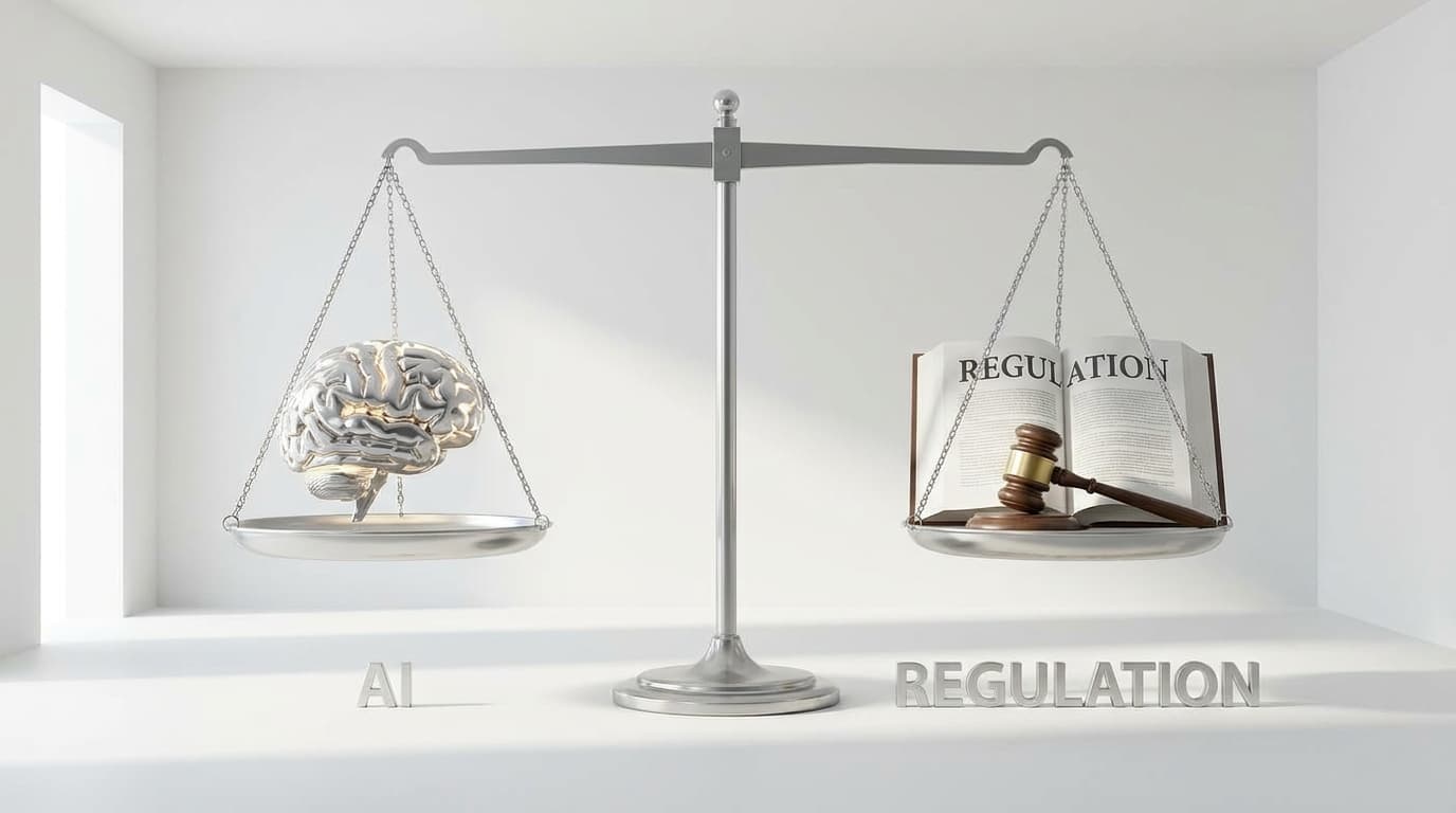 A scale balancing a brain, symbolizing AI, and a law book, symbolizing EU regulations, against a neutral background.