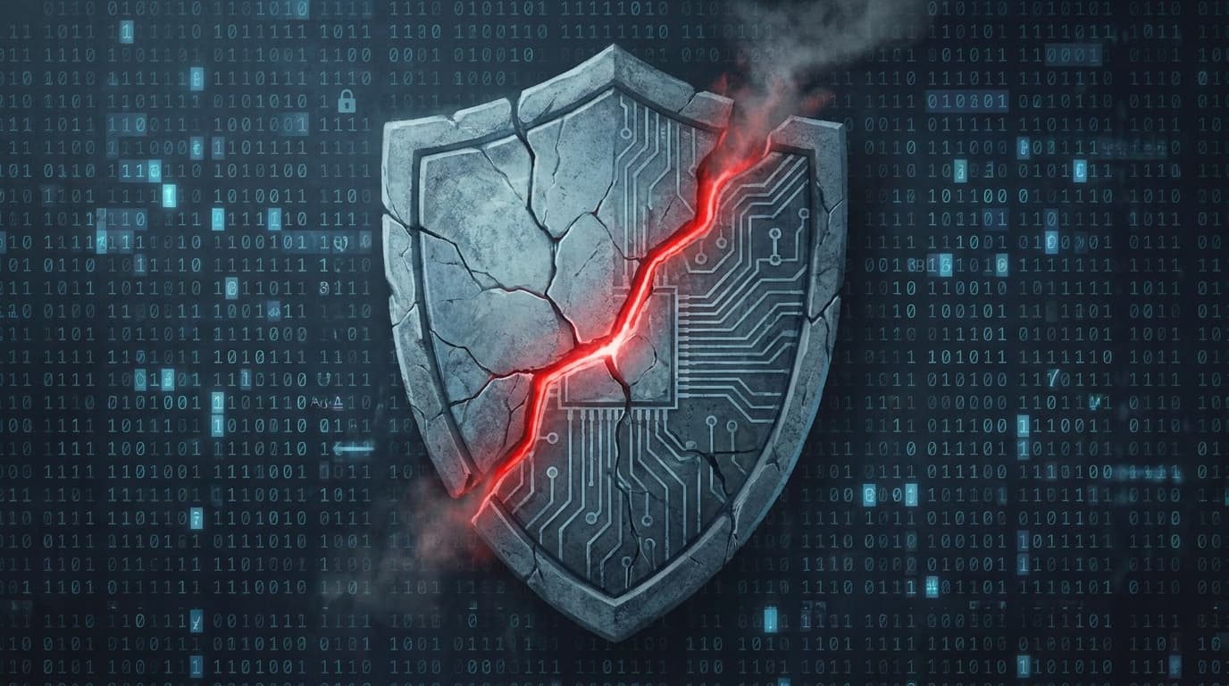 A cracked shield symbolizing a security vulnerability, illustrating the debate over public disclosure of zero-day exploits.