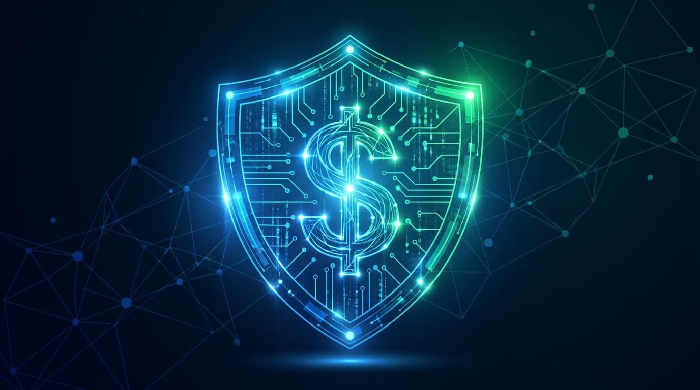 A digital shield with a dollar sign, representing the connection between cyber insurance and security.