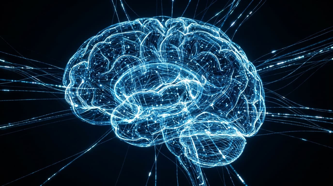 Abstract visualization of an artificial general intelligence network, symbolizing the rapid advancement of AI technology.