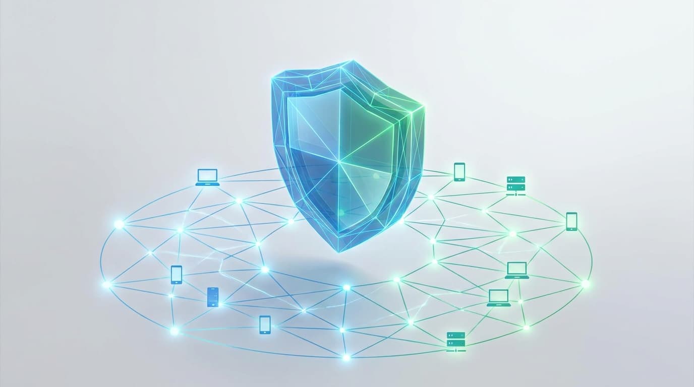 Abstract digital shield icon representing Microsoft's leadership in endpoint security, as recognized by Gartner.