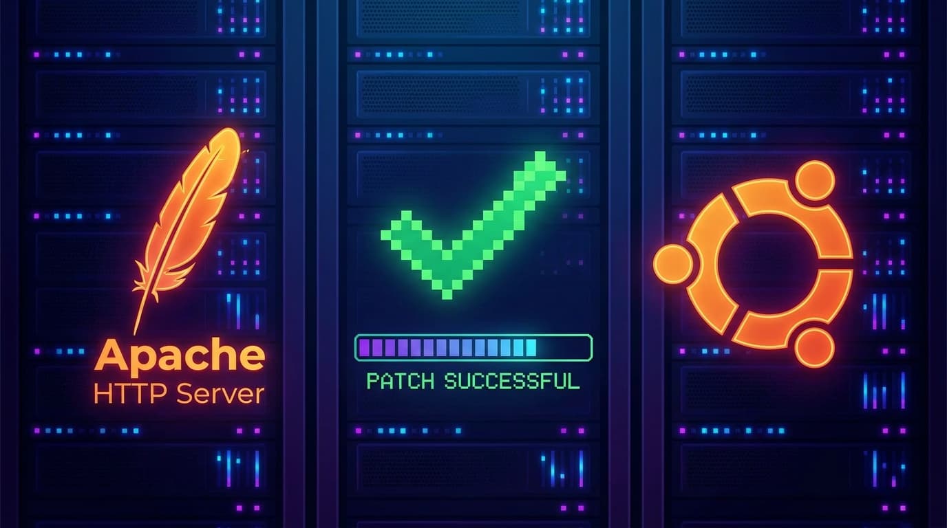Illustration of the Apache and Ubuntu logos with a checkmark, symbolizing a fixed security patch.