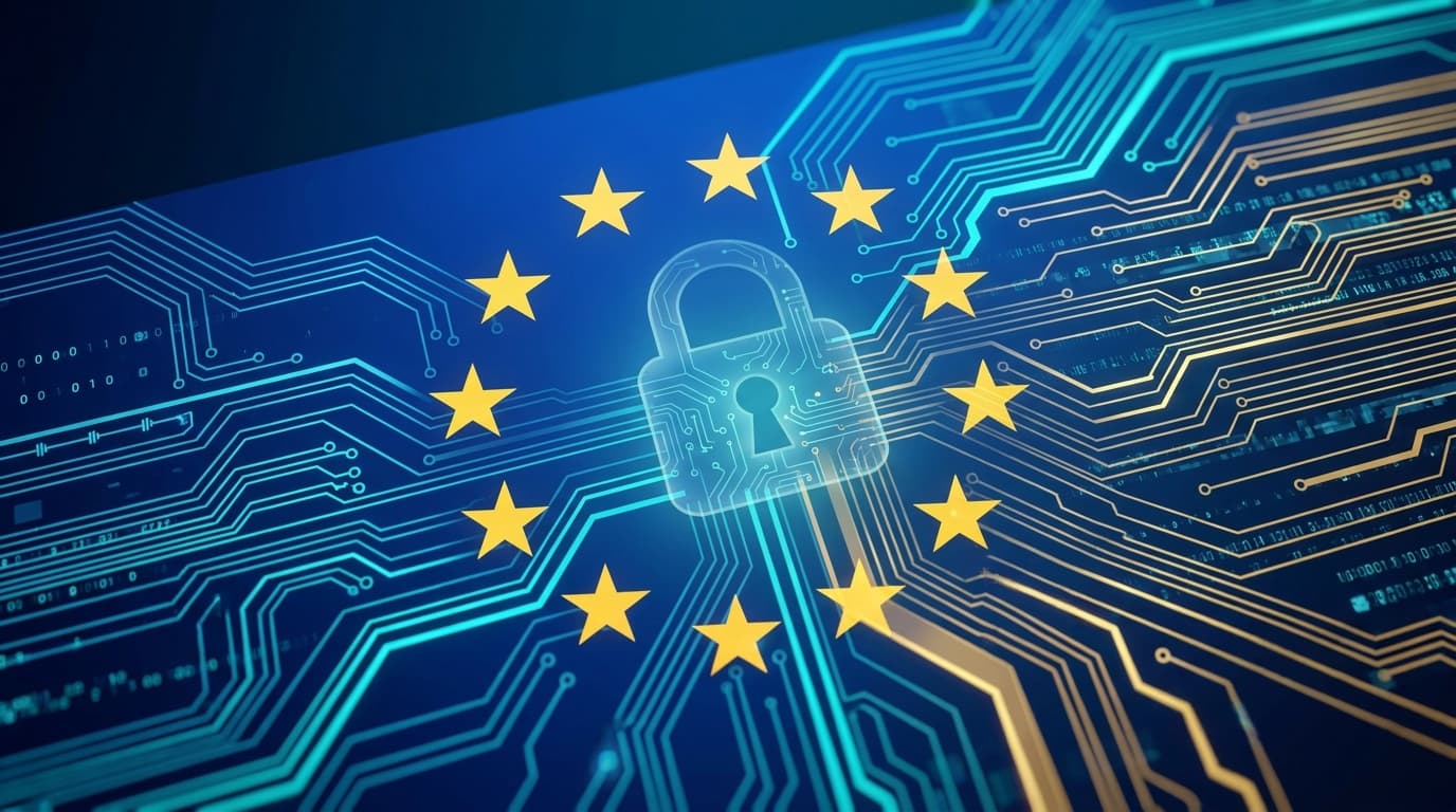 European Union flag with digital circuit patterns, symbolizing the EU's Cyber Resilience Act and new technology regulations.