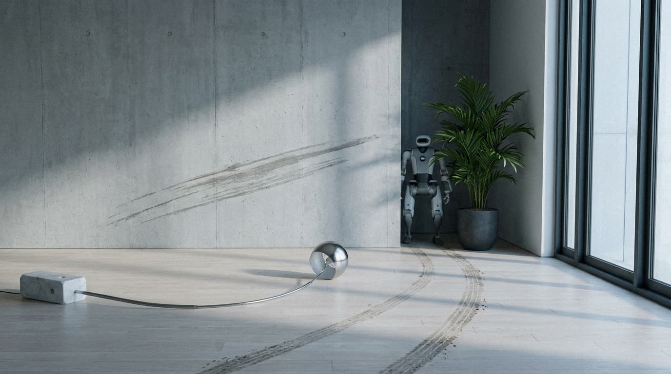 A modern living room showing signs of damage, with a small robot partially visible, illustrating a story about a startup sued for testing robots in rentals.