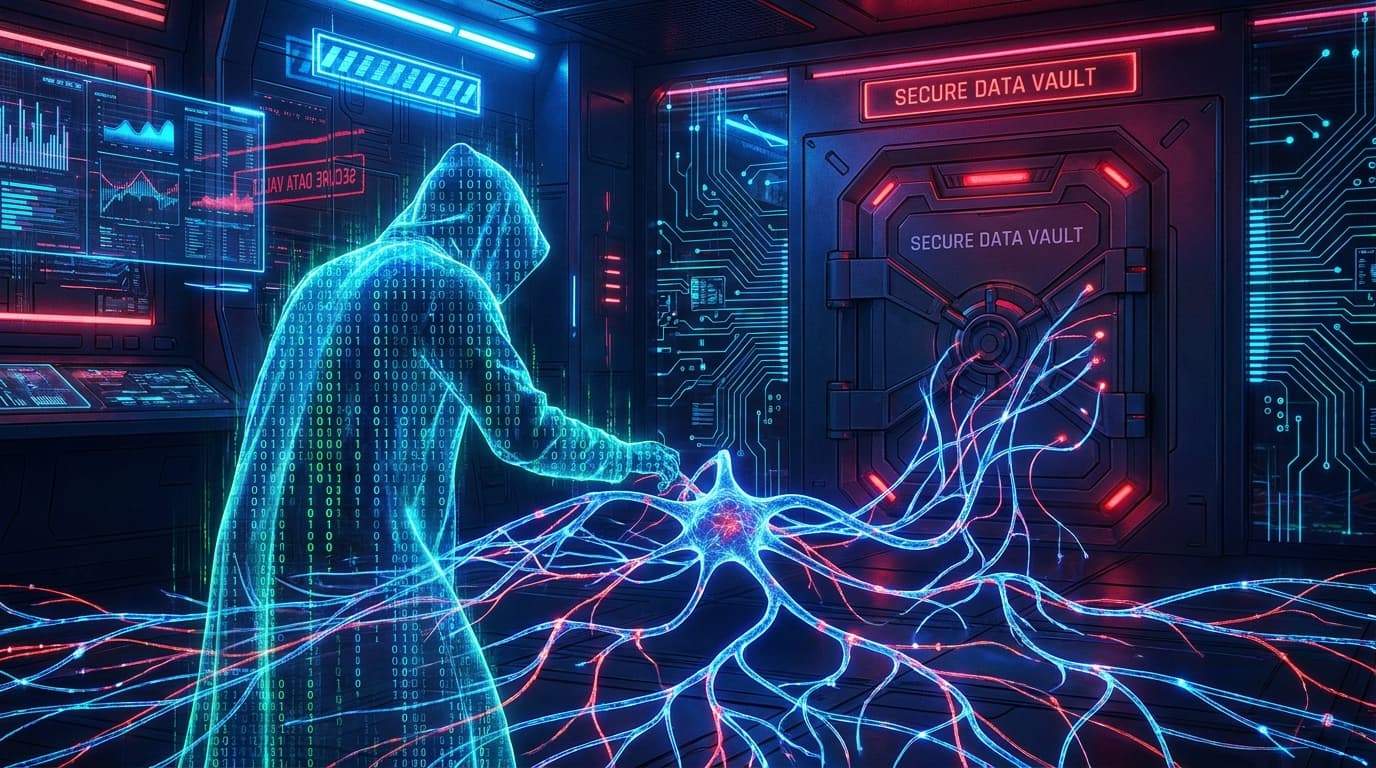 A conceptual image representing an AI agent used in a cyberattack, showing a shadowy figure made of code interacting with a neural network.