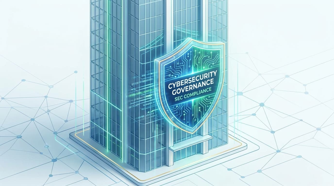 An illustration of a building with a security shield, symbolizing corporate cybersecurity compliance and SEC filings.