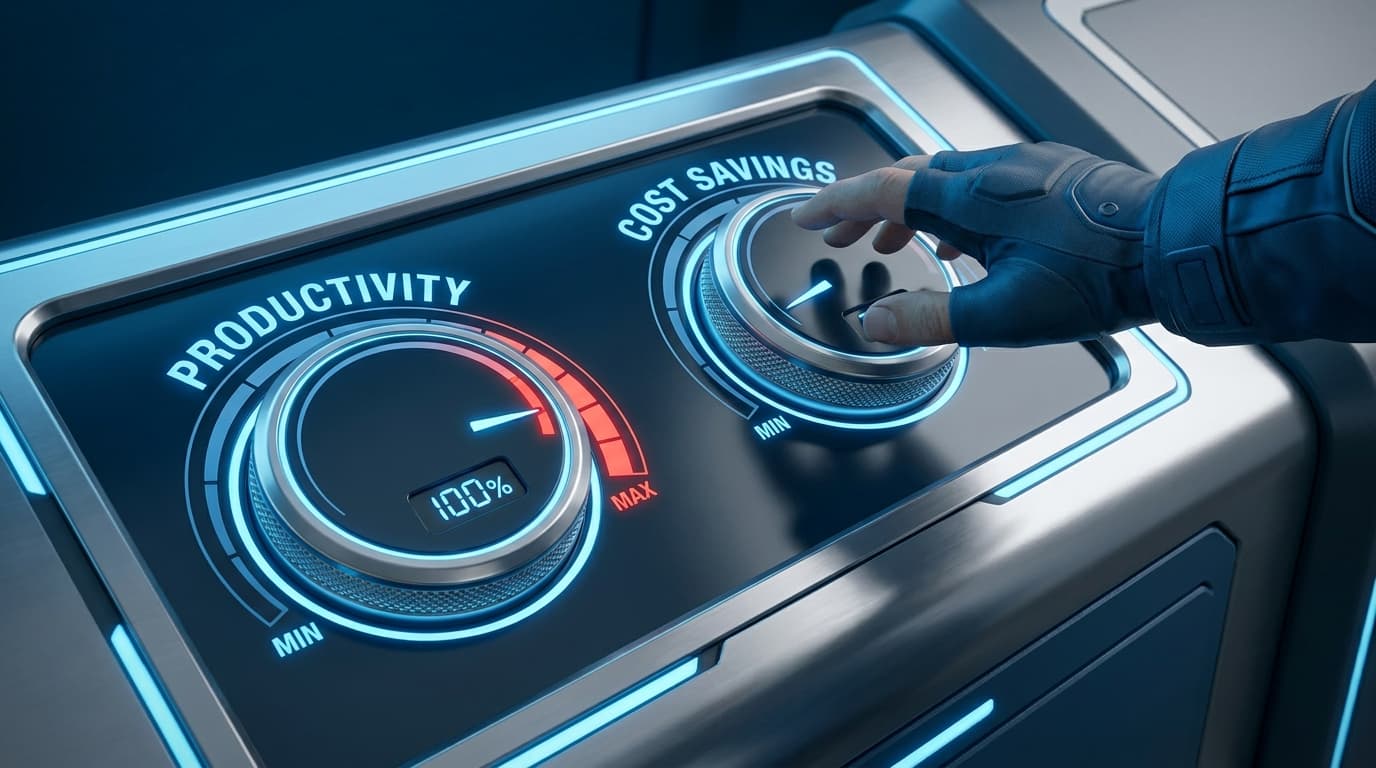 An illustration showing a control panel where the productivity dial is maxed out, but the cost savings dial is low, symbolizing the trust gap in automation.