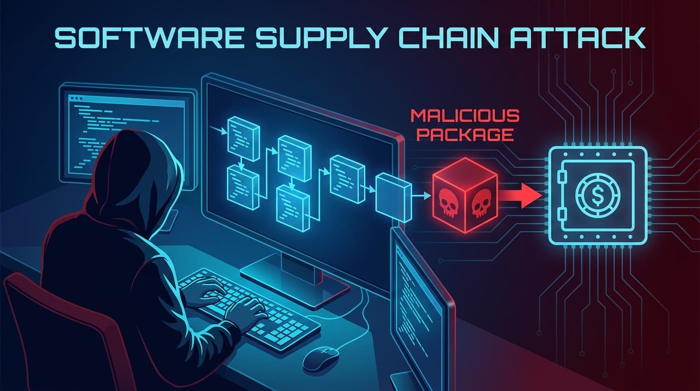 Illustration of a software supply chain attack where a malicious package infiltrates a development pipeline to steal banking credentials.