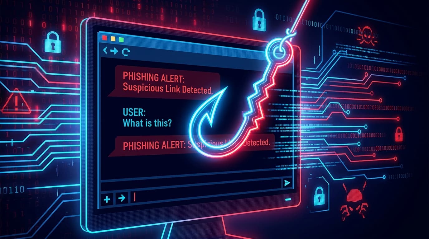 A conceptual image representing a phishing attack originating from an AI chatbot, with a digital hook.
