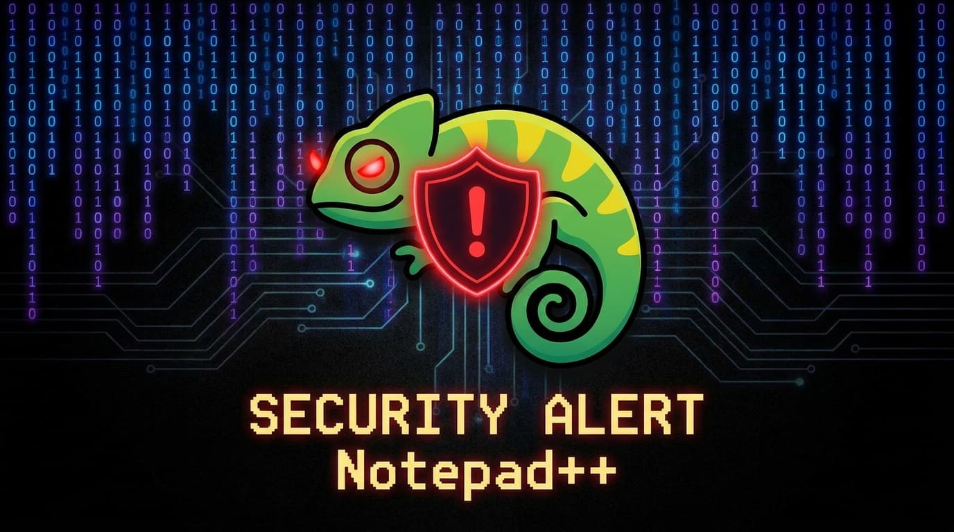 Notepad++ logo with a security warning shield, representing a critical vulnerability.