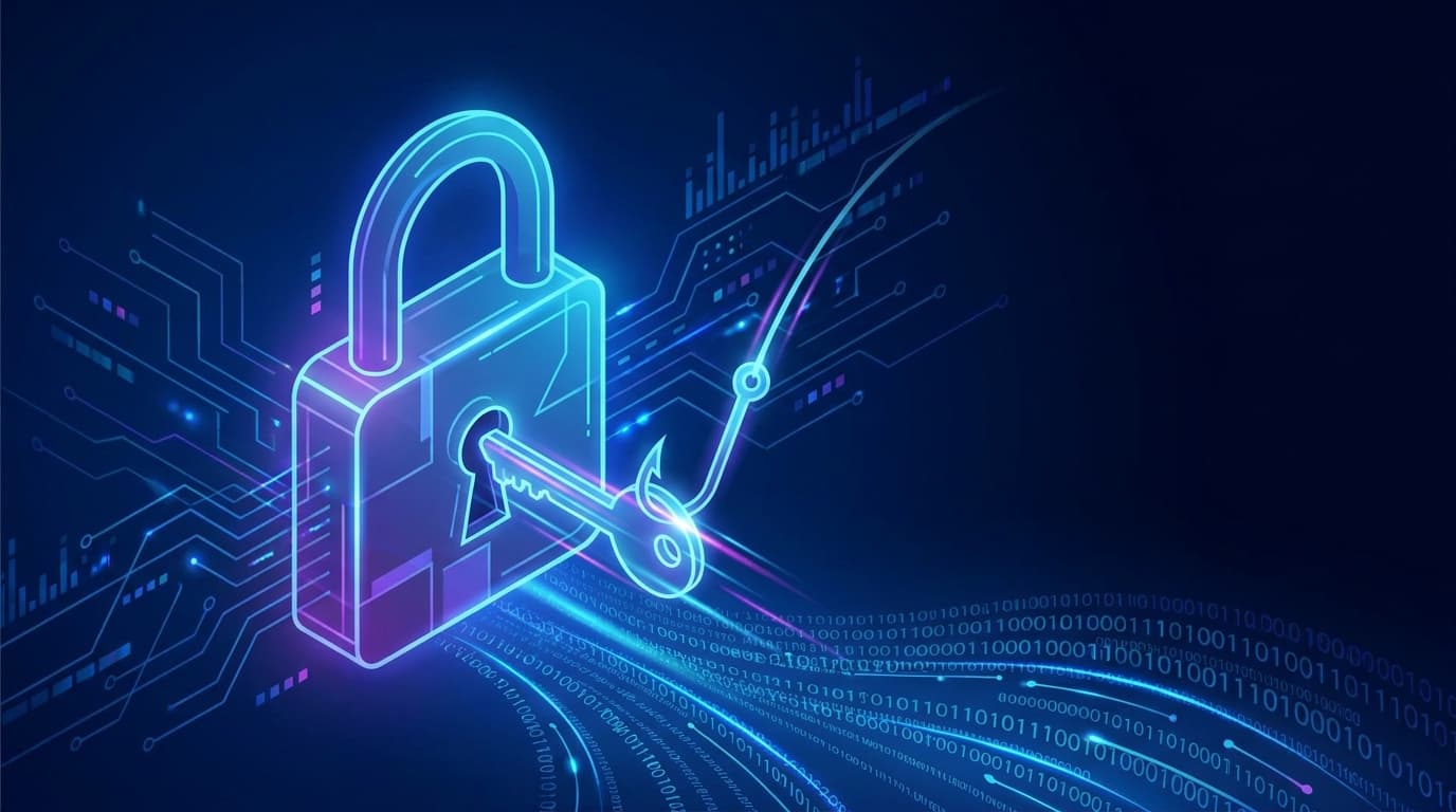 A phishing hook stealing a key from a digital padlock, symbolizing a security threat to encrypted data.
