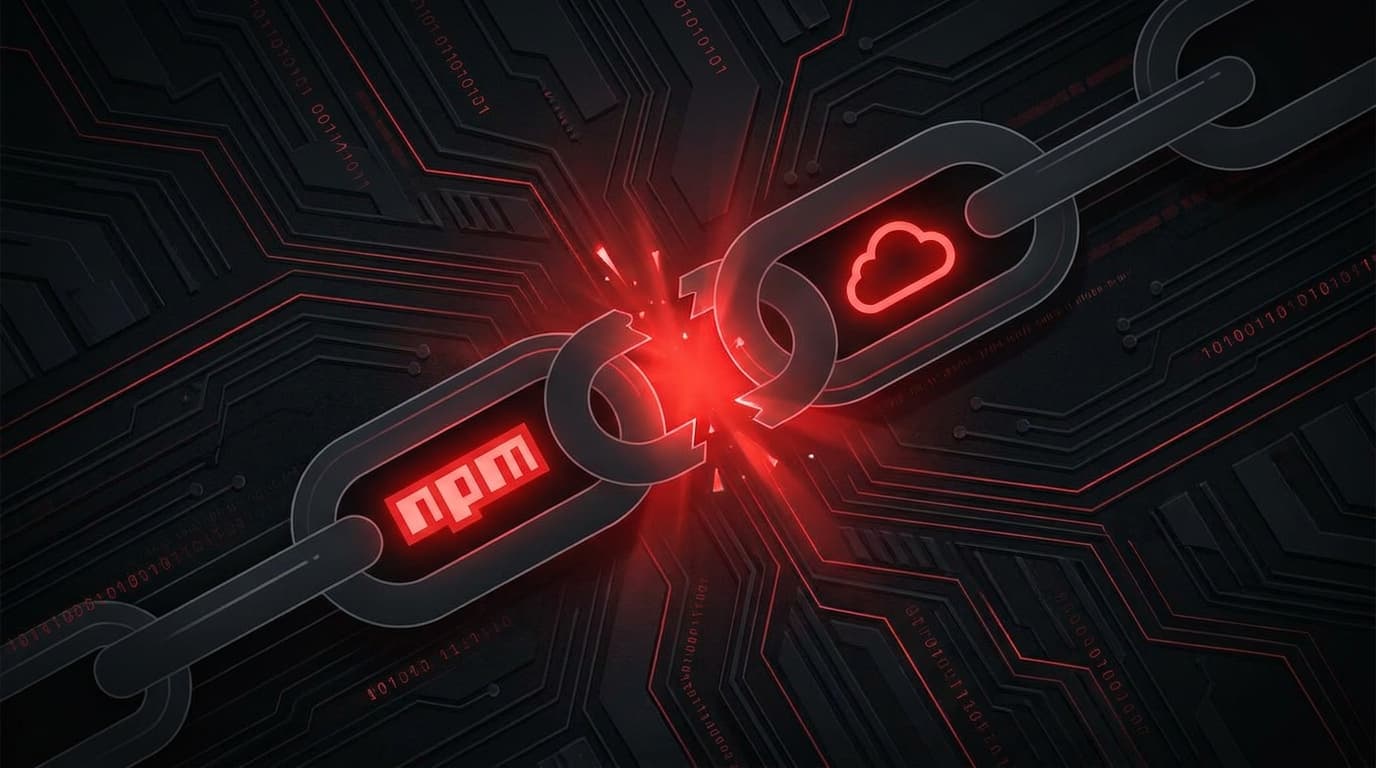 A broken chain link between the npm logo and a cloud icon, symbolizing a software supply chain attack.