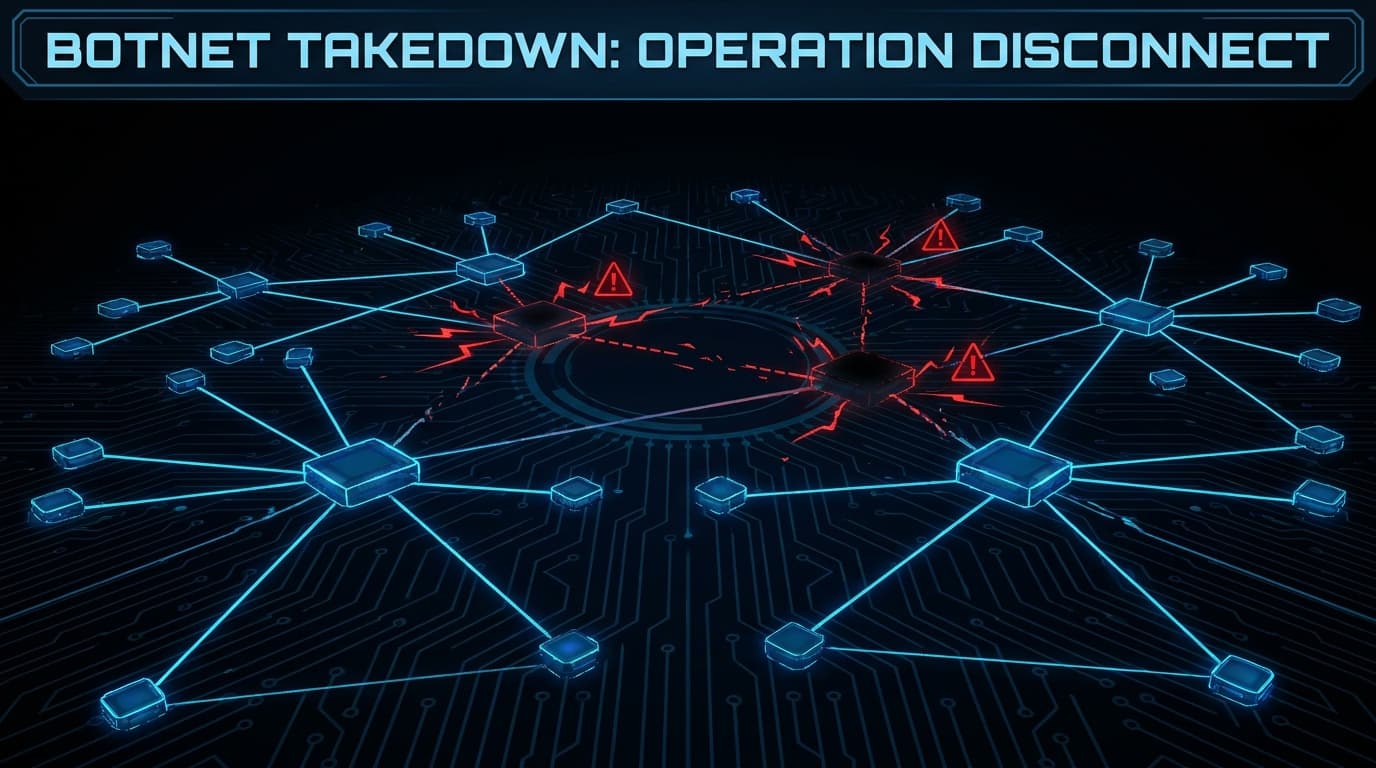 Conceptual image of a botnet being dismantled, showing a network of computers with a central server being shut down.
