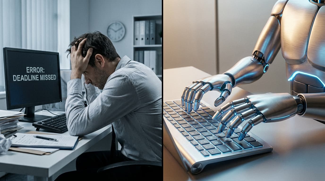 A conceptual image showing a human worker being replaced by an AI robot at an office desk, symbolizing AI-driven layoffs.