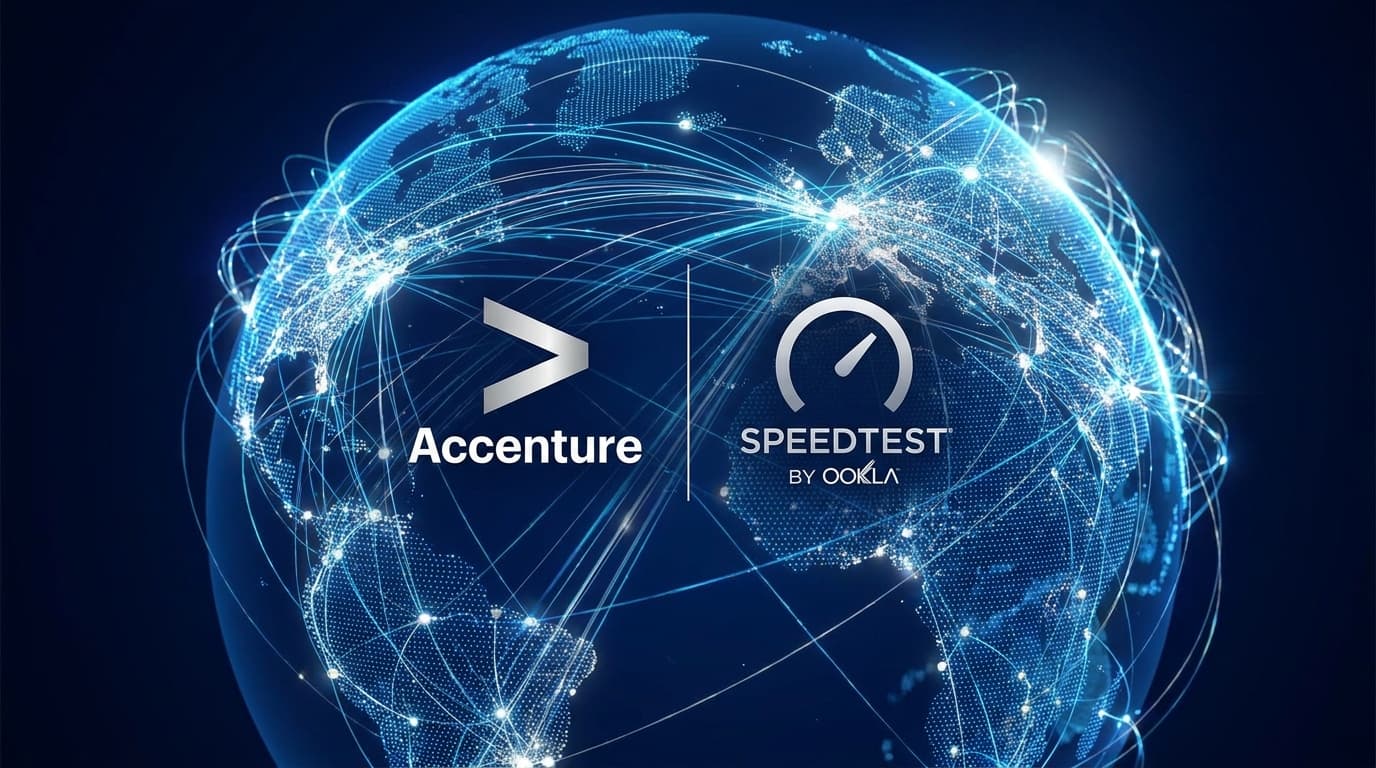 Conceptual image representing Accenture's acquisition of Ookla, with network data streams connecting the two company logos.