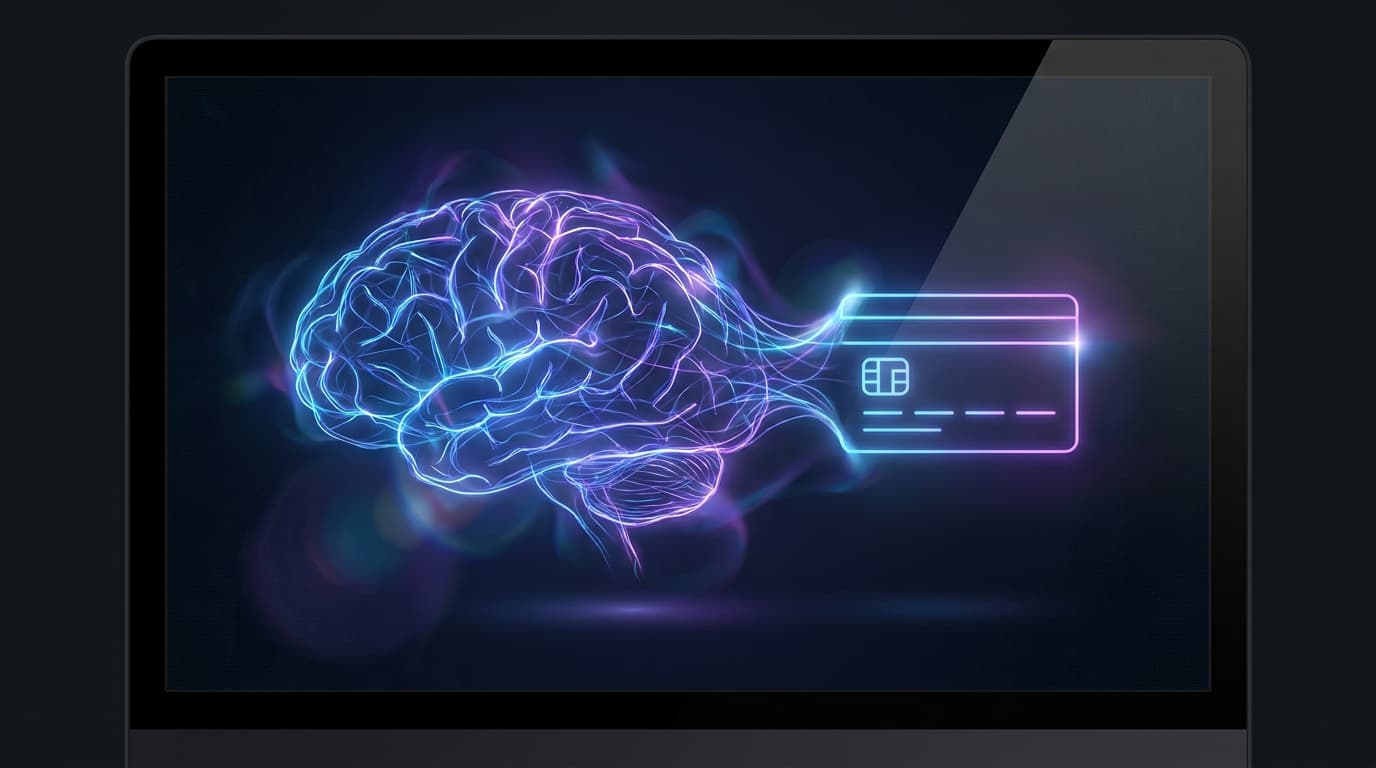 An abstract image showing a glowing neural network connecting to a credit card, representing AI agents making payments.