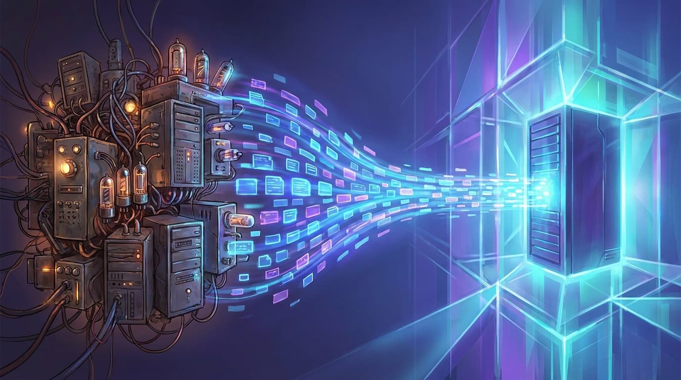 Abstract digital art showing data flowing seamlessly between two different server architectures, illustrating a zero-downtime migration.
