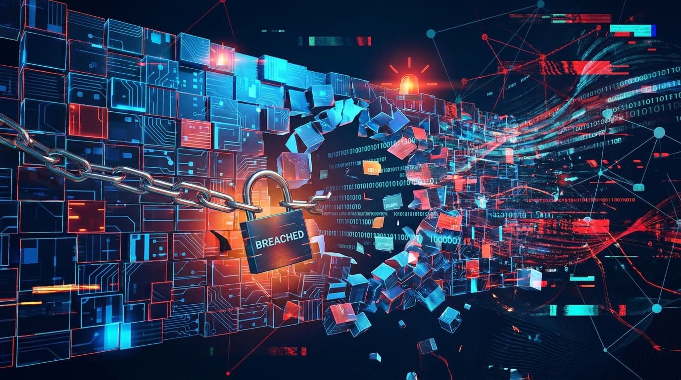 Abstract image of a broken digital lock on a network firewall, representing the Palo Alto Networks security vulnerability.