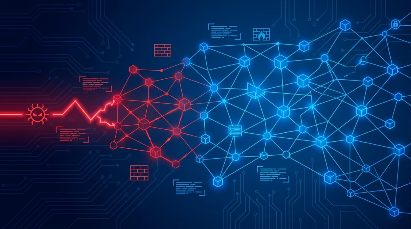 An abstract diagram of a software supply chain with a highlighted red link indicating a security vulnerability.