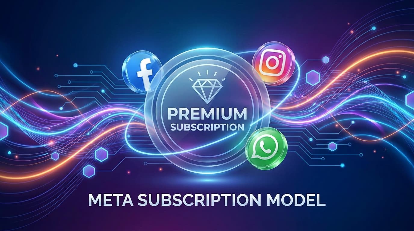 Logos of Facebook, Instagram, and WhatsApp surrounding a premium subscription icon, symbolizing Meta's new paid tiers.