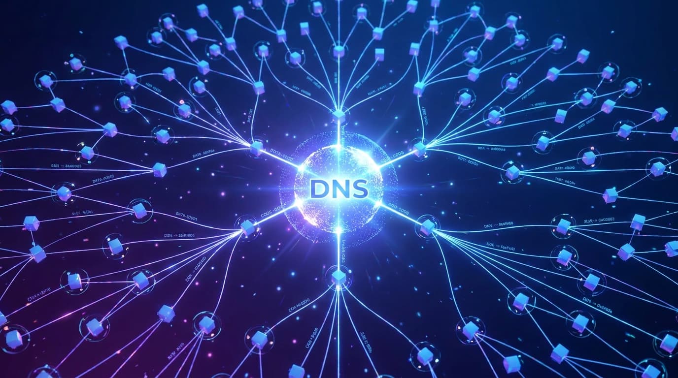 An abstract network of glowing nodes representing AI agents connected through a central DNS system, symbolizing a new open standard for communication.