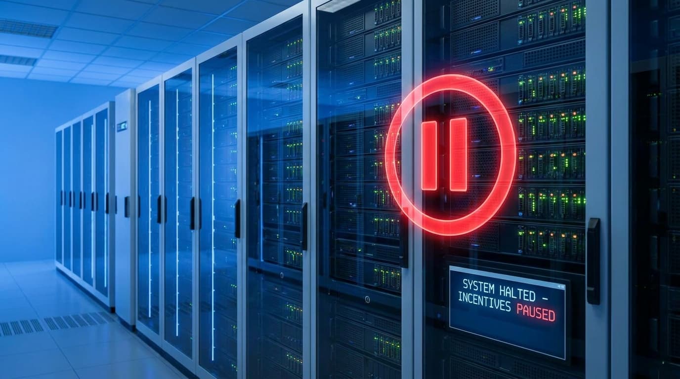 A graphic showing a server rack in a data center with a red pause symbol, illustrating the suspension of tax breaks for tech infrastructure.