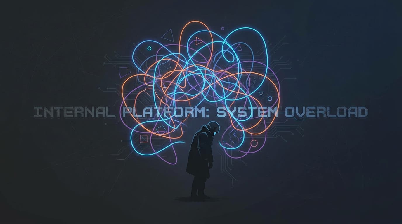 Conceptual image of an engineer overwhelmed by the complexity of a DIY internal developer platform, represented by a tangled web of digital connections.