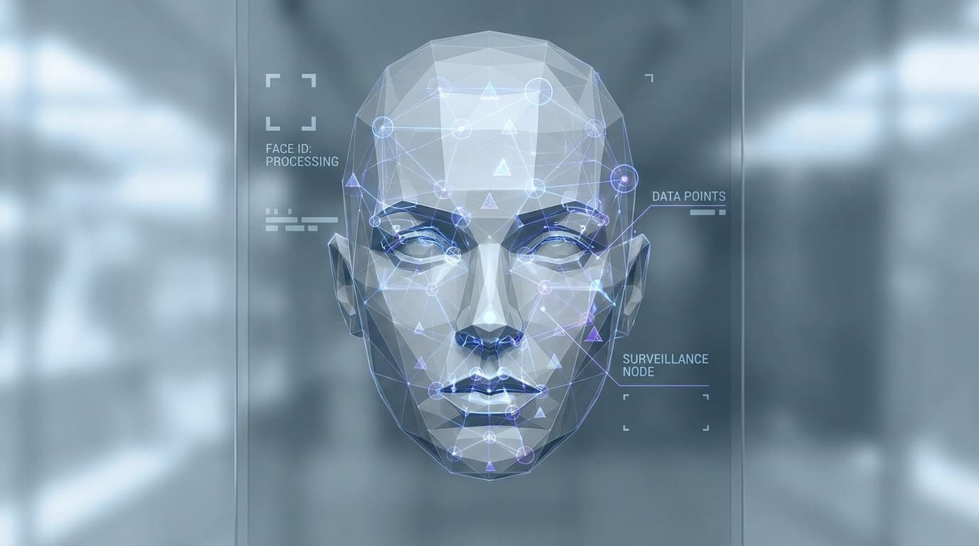 Abstract representation of facial recognition AI scanning a face.