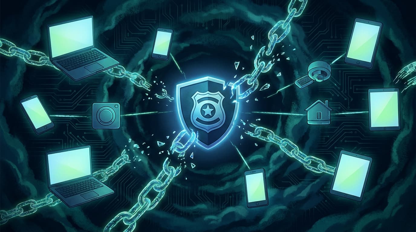 An illustration of a dismantled botnet, showing broken digital connections between millions of devices under the oversight of law enforcement.