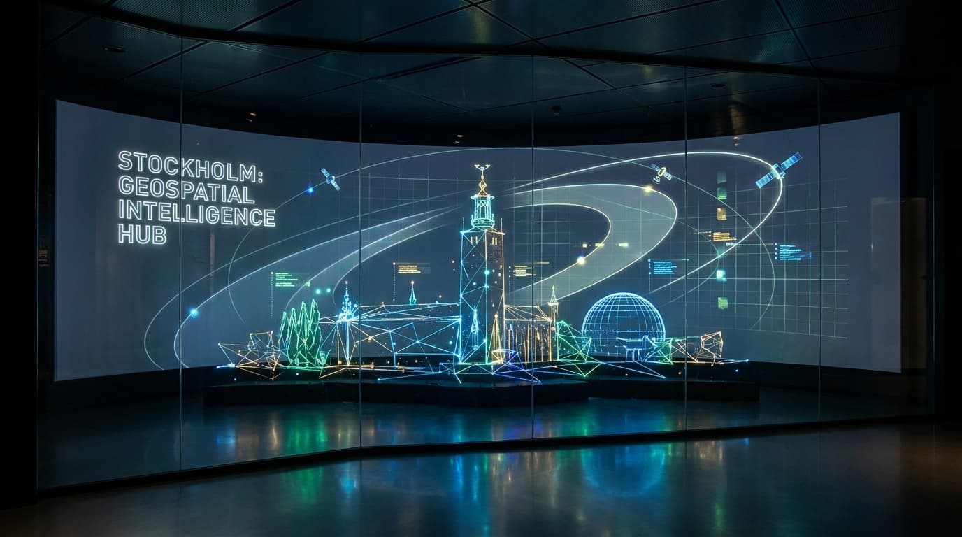 A digital illustration of Stockholm's cityscape overlaid with geospatial data visualizations, representing its growth as a tech hub.