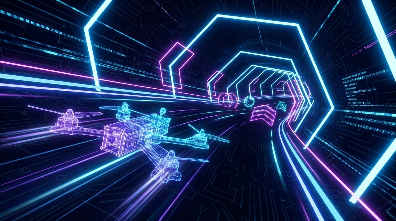 A digital illustration of a racing drone in a simulated environment, representing an open-source AI racing harness.