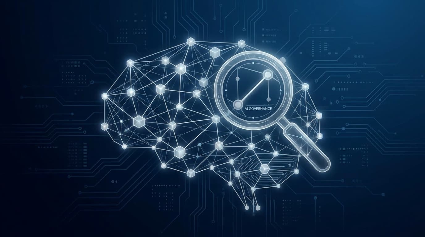 An abstract visualization of an AI network, with a magnifying glass highlighting a single point to represent the concept of AI governance and observability.