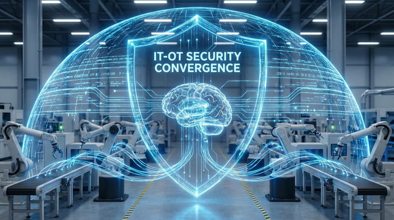 A digital shield protecting industrial machinery, symbolizing the need for enhanced cybersecurity in operational technology (OT) environments.