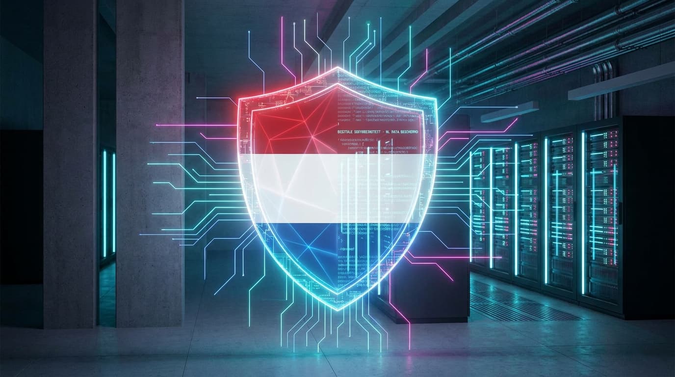 Abstract representation of the Dutch flag forming a protective digital shield, symbolizing the Netherlands blocking a tech acquisition for national security.