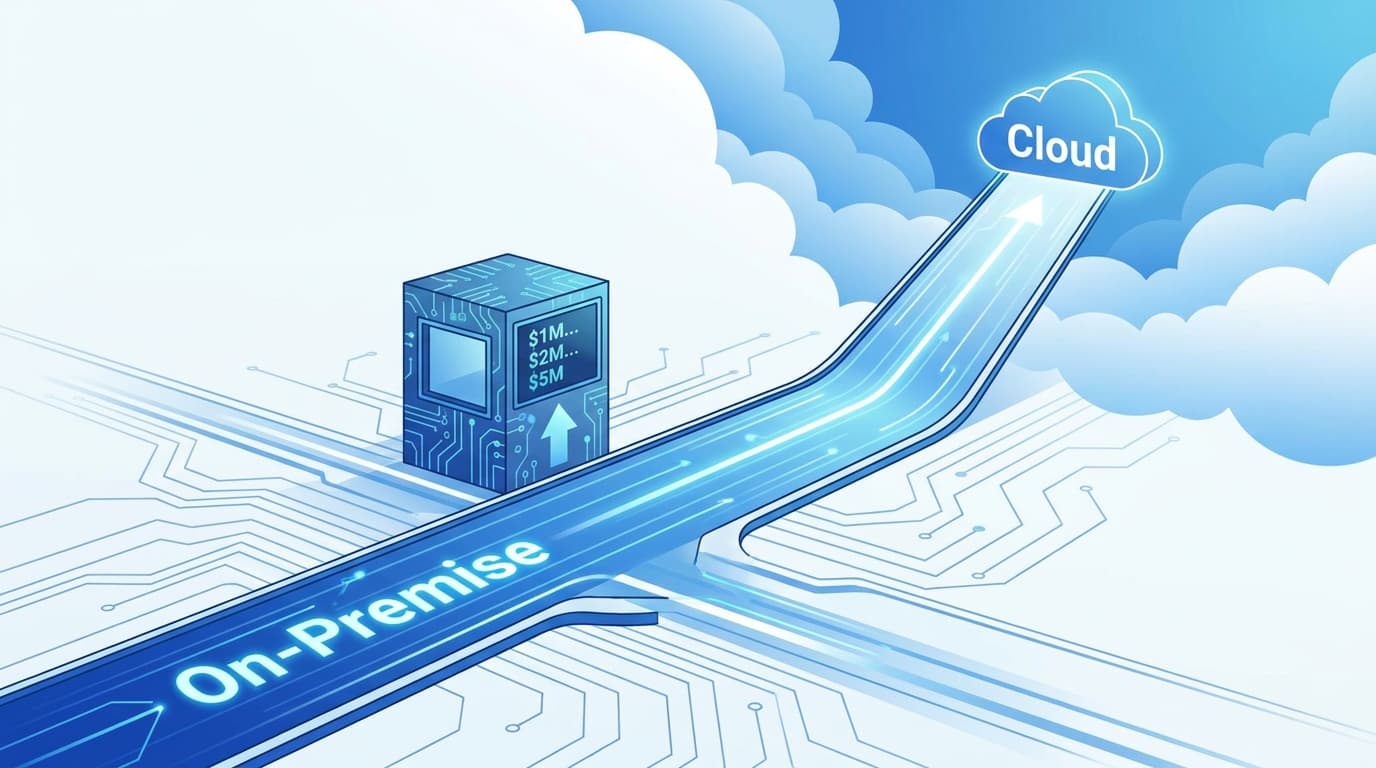 A digital illustration showing a choice between an expensive on-premise path and a more accessible cloud infrastructure path, representing Broadcom's VMware pricing changes.