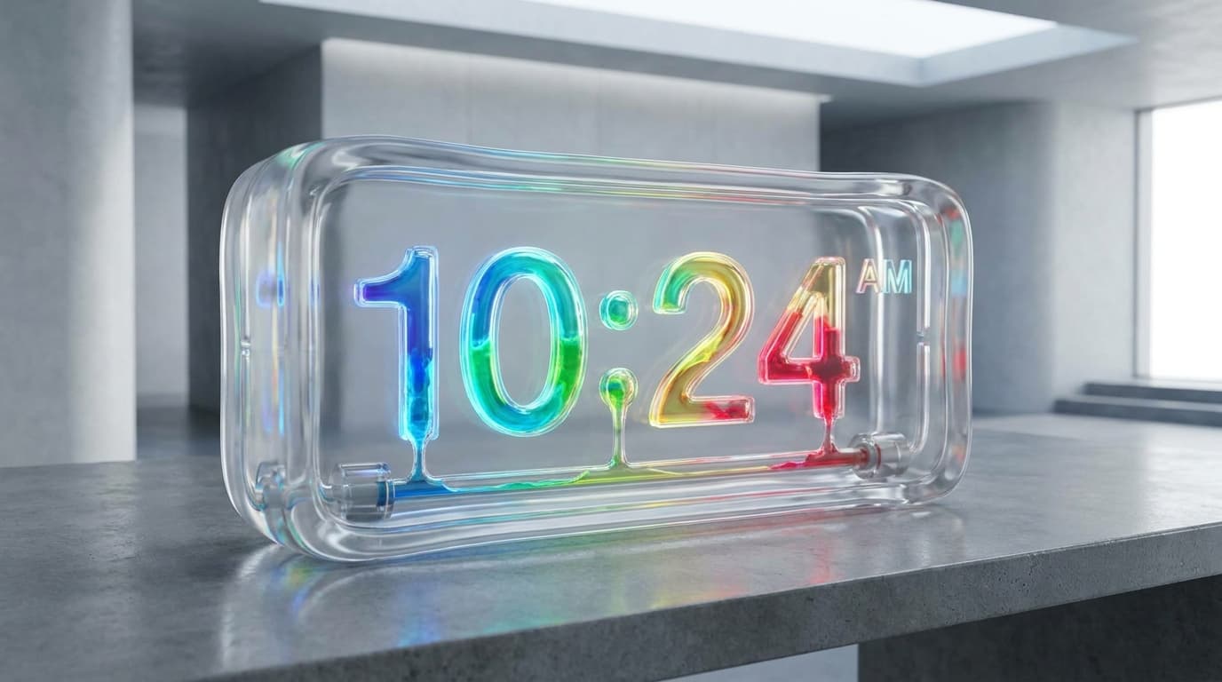A soft digital clock made of transparent material, with colored fluids flowing inside to display the time.