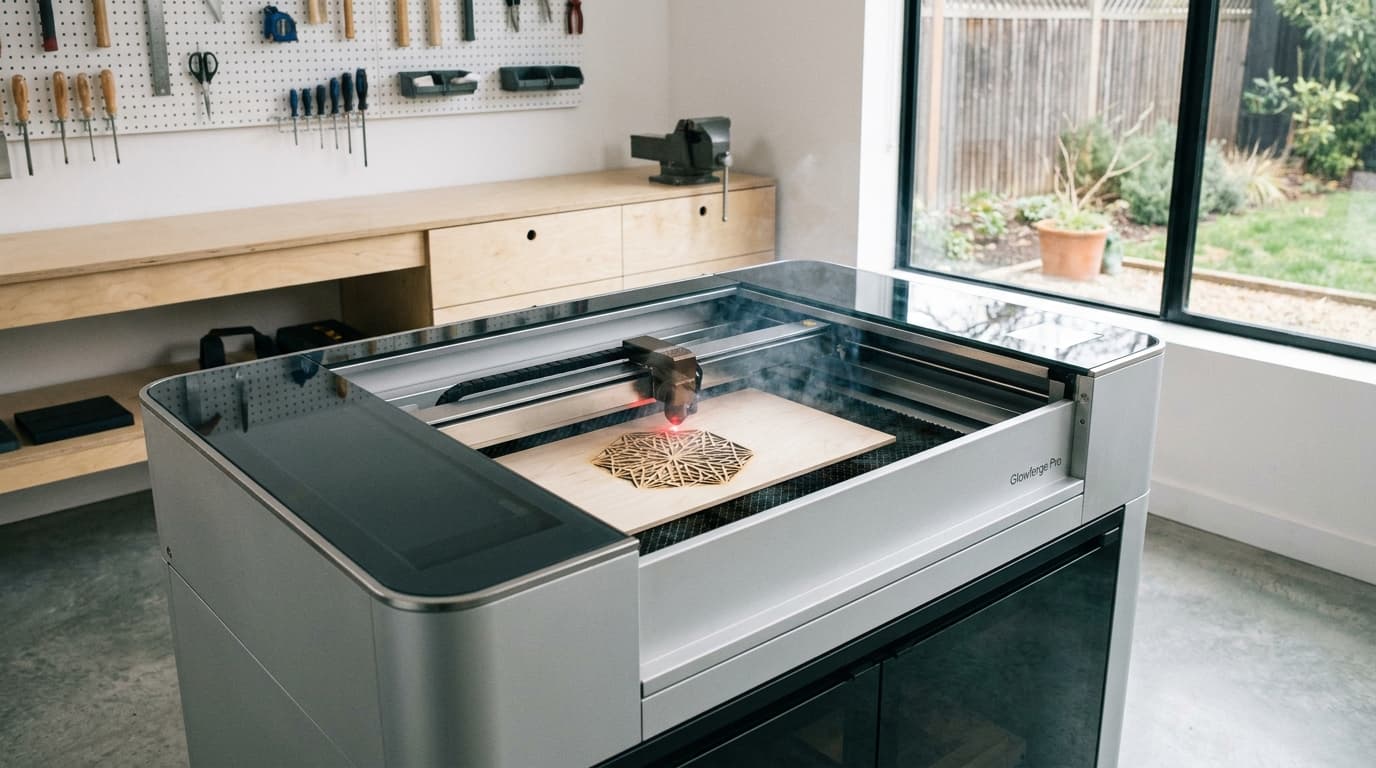 The xTool M2, a white and grey desktop multi-purpose crafting machine, shown with its laser module active.