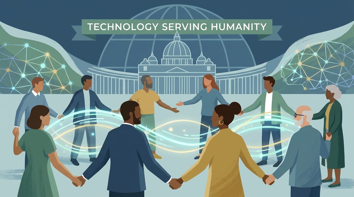 An illustration representing Pope Leo XIV's message on AI ethics, showing technology benefiting a diverse group of people globally.