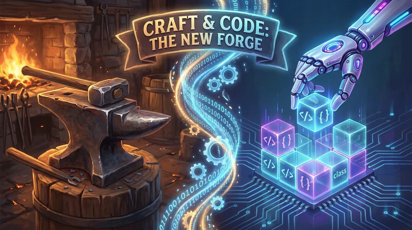 A split image showing a traditional artisan's hammer and a modern robotic arm, representing the blend of craft and technology for developers in the AI era.