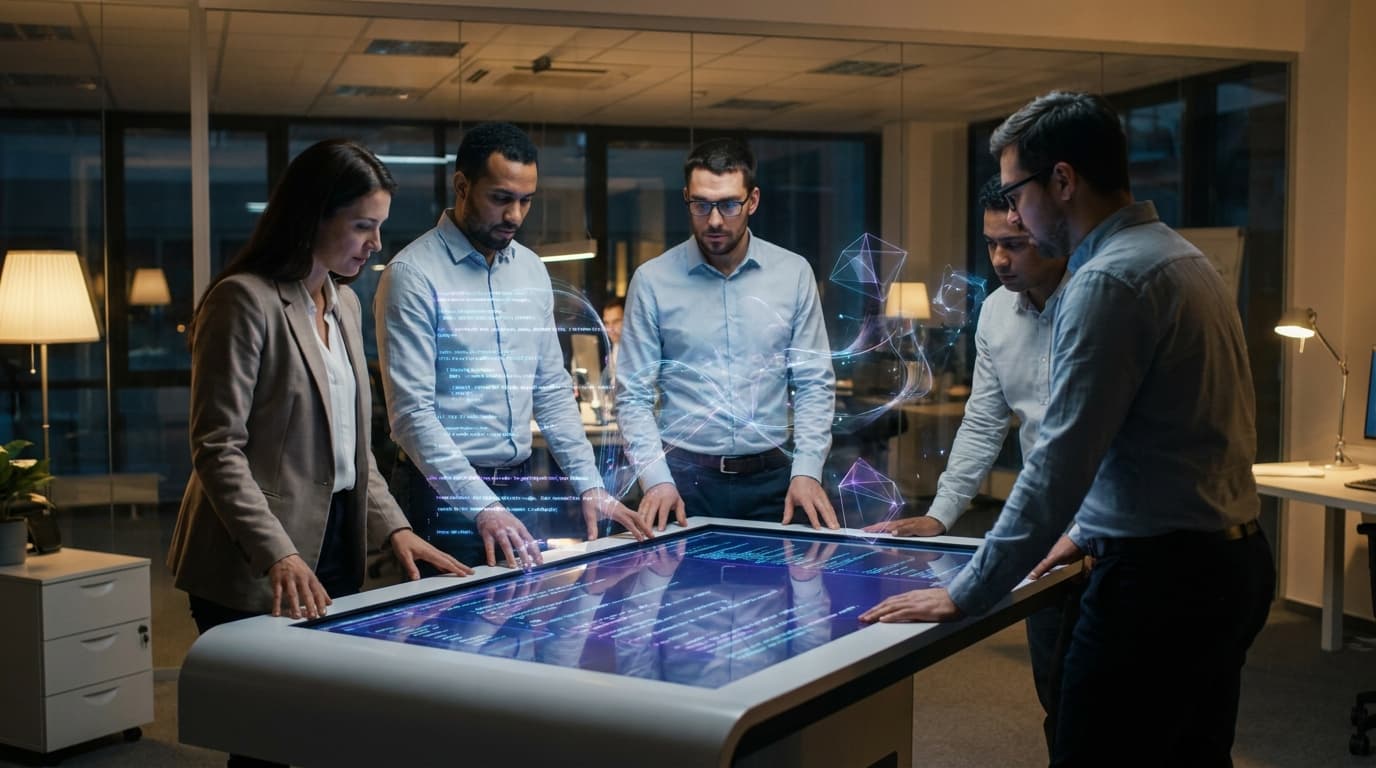 Business professionals collaborating on application development, symbolizing the trend of AI-powered low-code tools in the workplace.