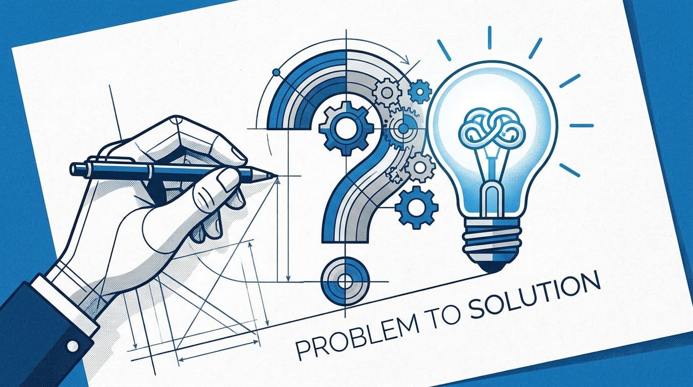 Abstract diagram showing a problem (question mark) being transformed into a solution (lightbulb) on a blueprint.