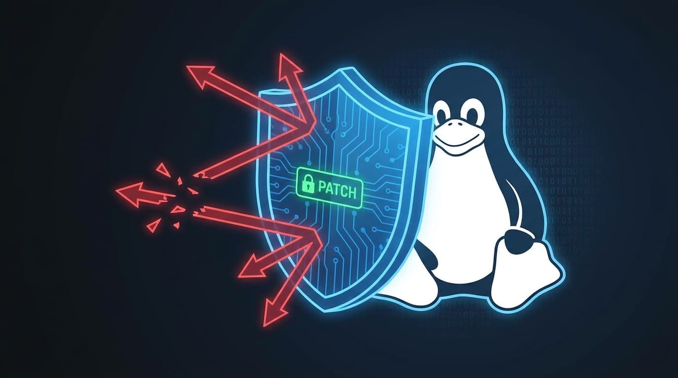 A shield icon protecting the Linux penguin mascot from digital threats, representing a kernel security patch.