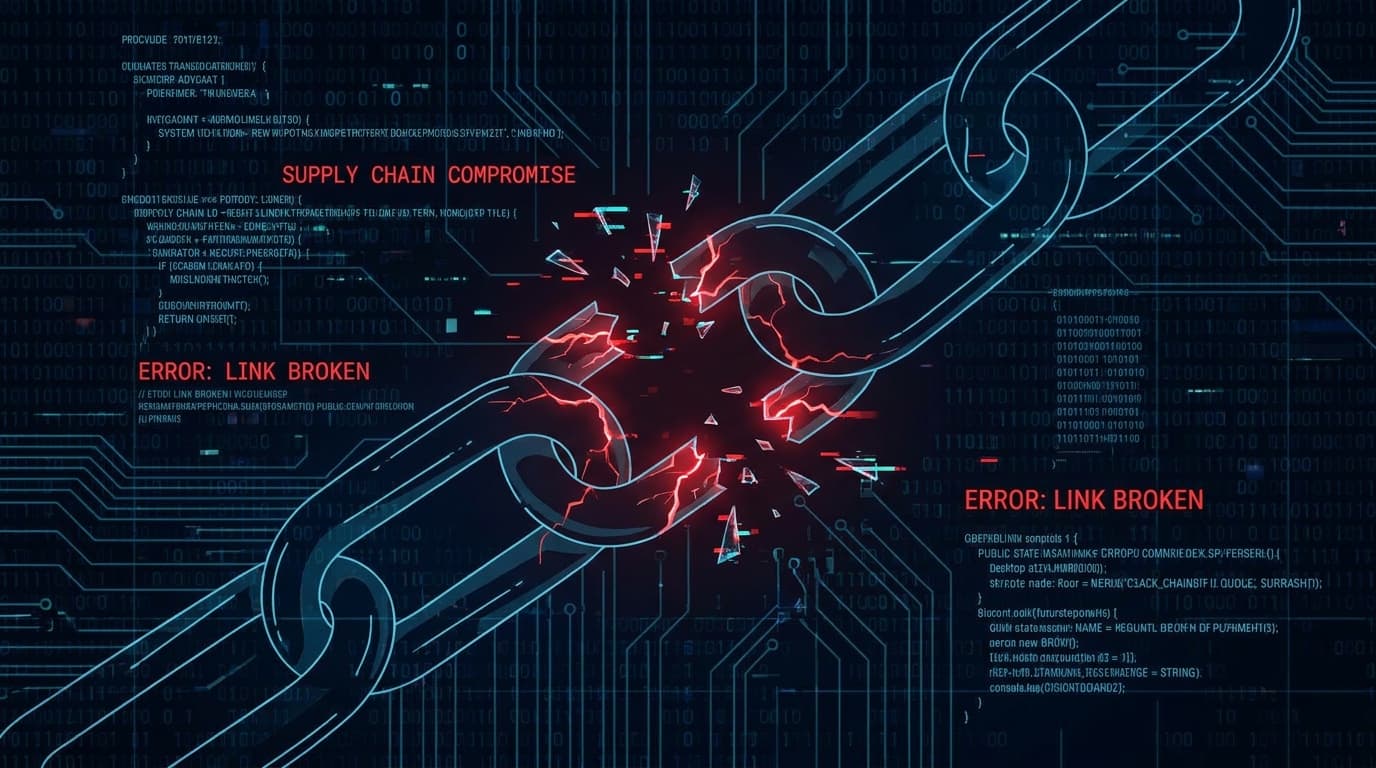 An abstract image representing a software supply chain attack, with a broken chain link over a background of computer code.