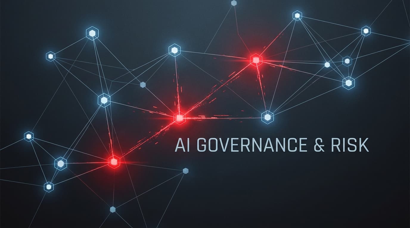 An abstract image representing AI governance, showing a network with points of failure highlighted in red.