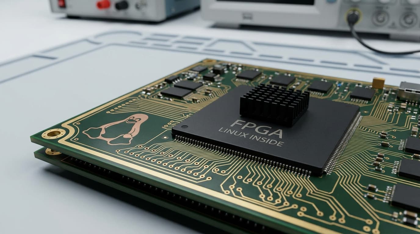 An FPGA chip on a circuit board, symbolizing hardware development, with the Linux logo.
