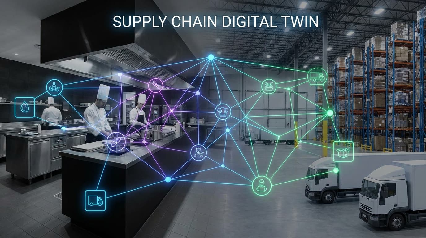 A conceptual image of a digital twin, showing a network graph connecting nodes representing a supply chain, from farm to restaurant.