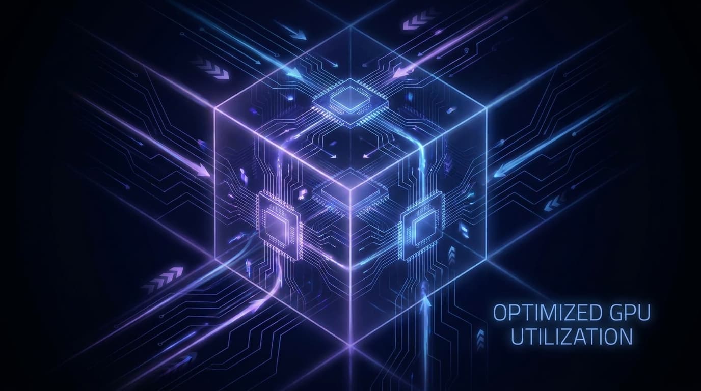 Abstract visualization of an optimized computer cluster, with glowing lines of data flowing efficiently through a grid, representing GPU capacity.